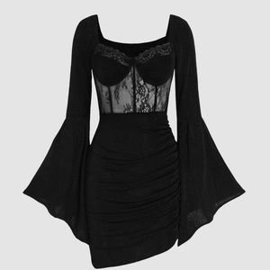 Black Gothic Floral Lace Bell Sleeve Sheer Short Mini Dress